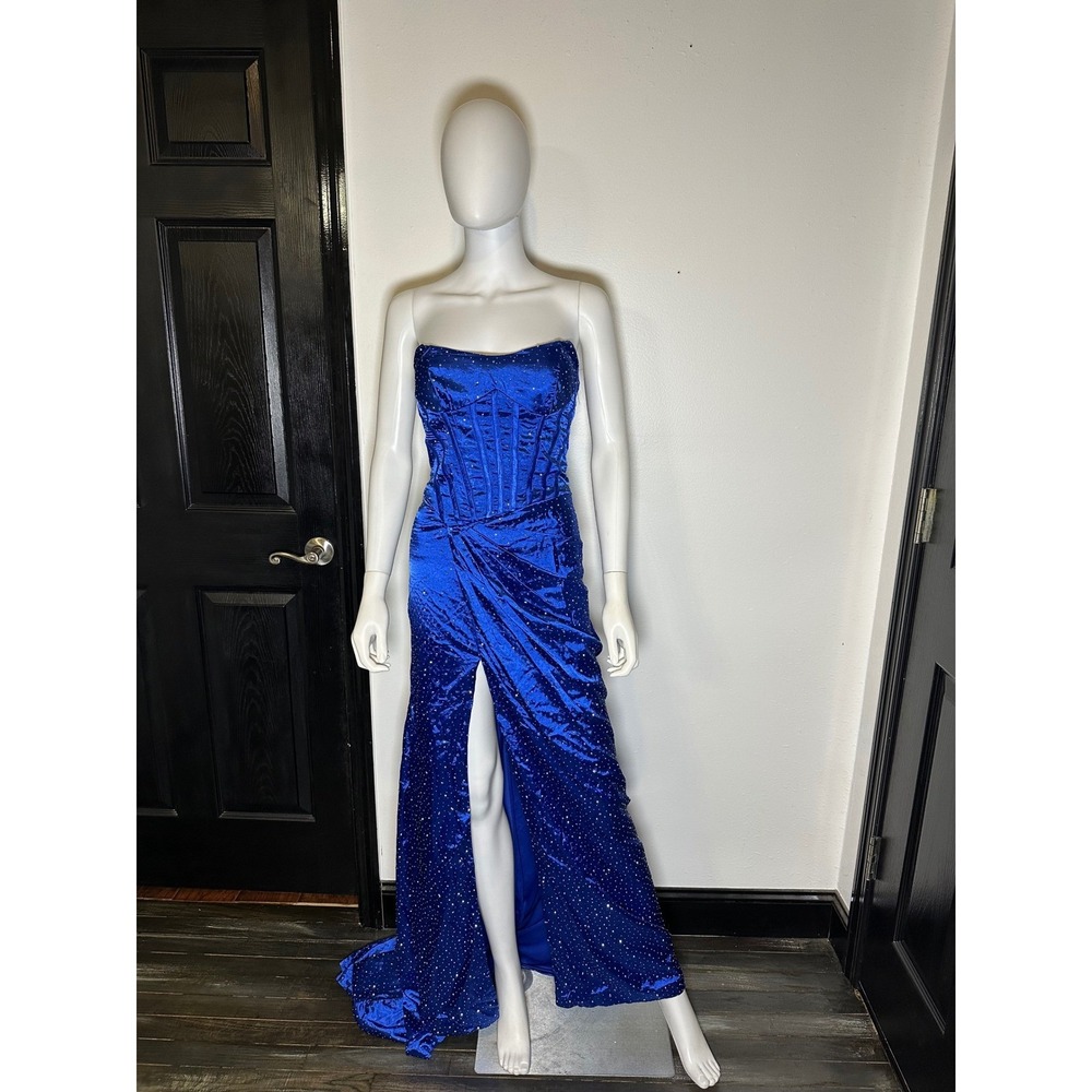 Royal Blue Sequin Corset Formal Gown Strapless High Slit Prom Dress Lace Up Back